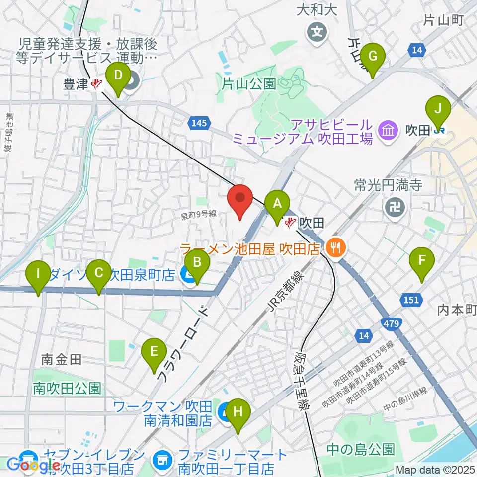 吹田市文化会館メイシアター周辺のコンビニエンスストア一覧地図