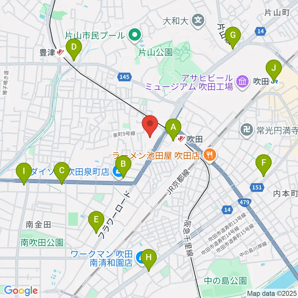 吹田市文化会館メイシアター周辺のコンビニエンスストア一覧地図