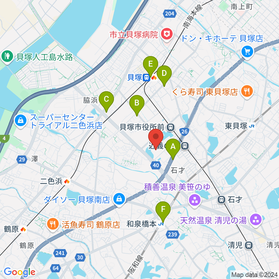 貝塚市民文化会館コスモスシアター周辺のコンビニエンスストア一覧地図