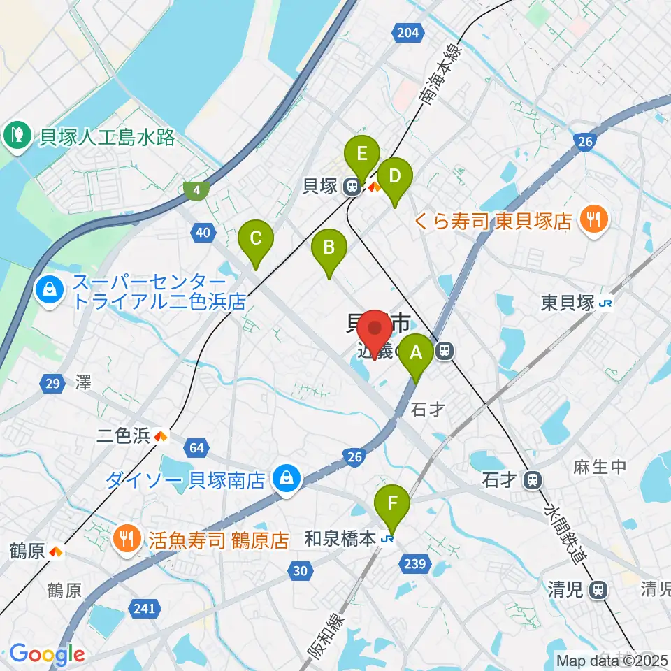 貝塚市民文化会館コスモスシアター周辺のコンビニエンスストア一覧地図
