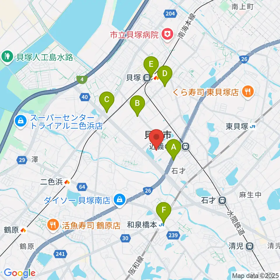 貝塚市民文化会館コスモスシアター周辺のコンビニエンスストア一覧地図