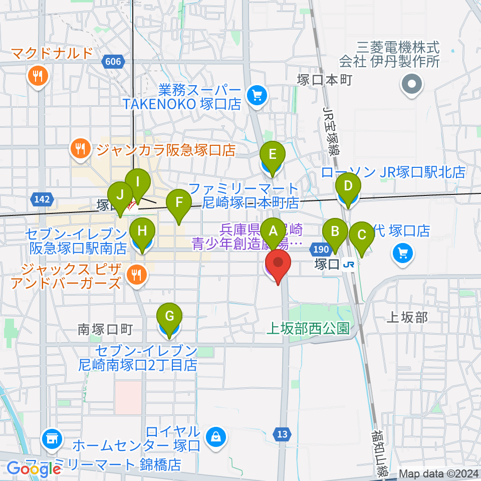 尼崎ピッコロシアター周辺のコンビニエンスストア一覧地図