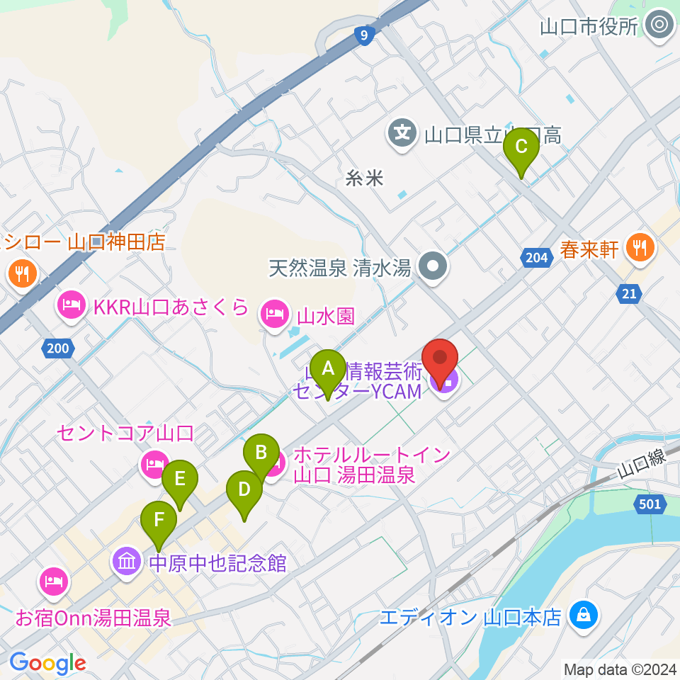 山口情報芸術センターYCAM周辺のコンビニエンスストア一覧地図