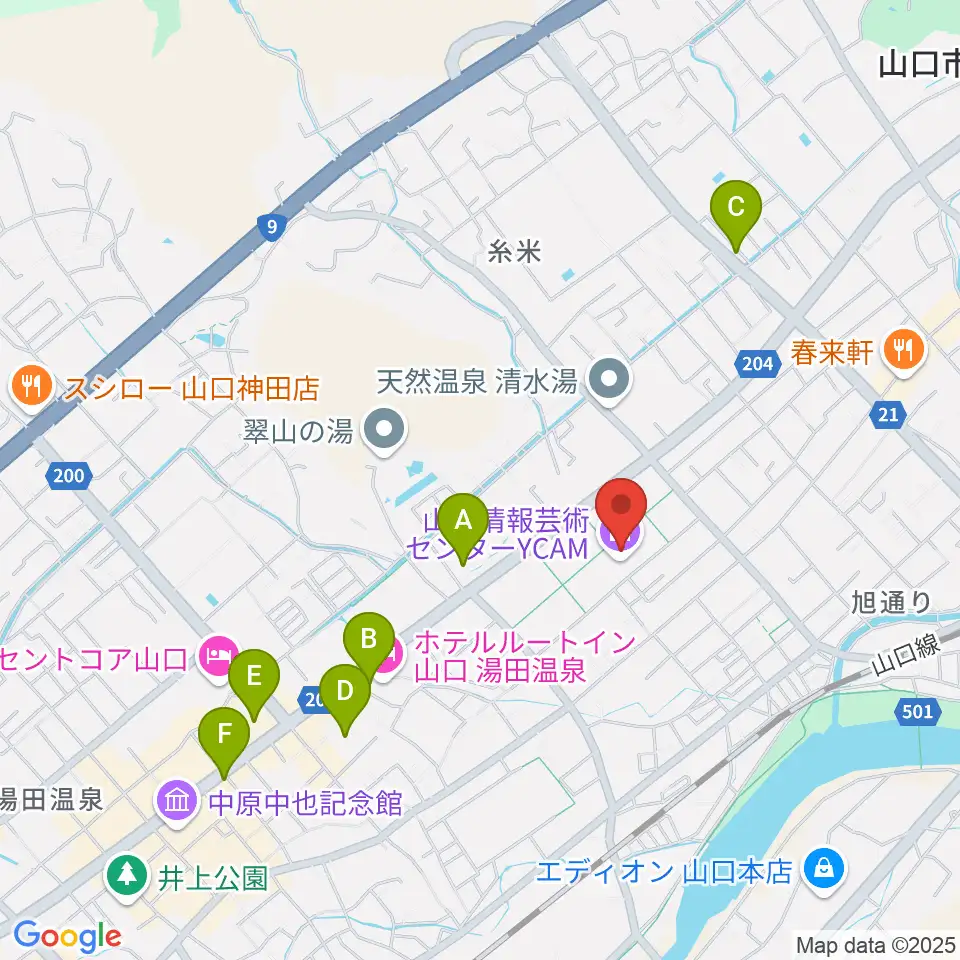 山口情報芸術センターYCAM周辺のコンビニエンスストア一覧地図