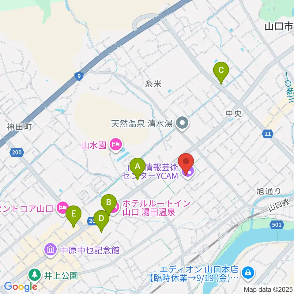 山口情報芸術センターYCAM周辺のコンビニエンスストア一覧地図