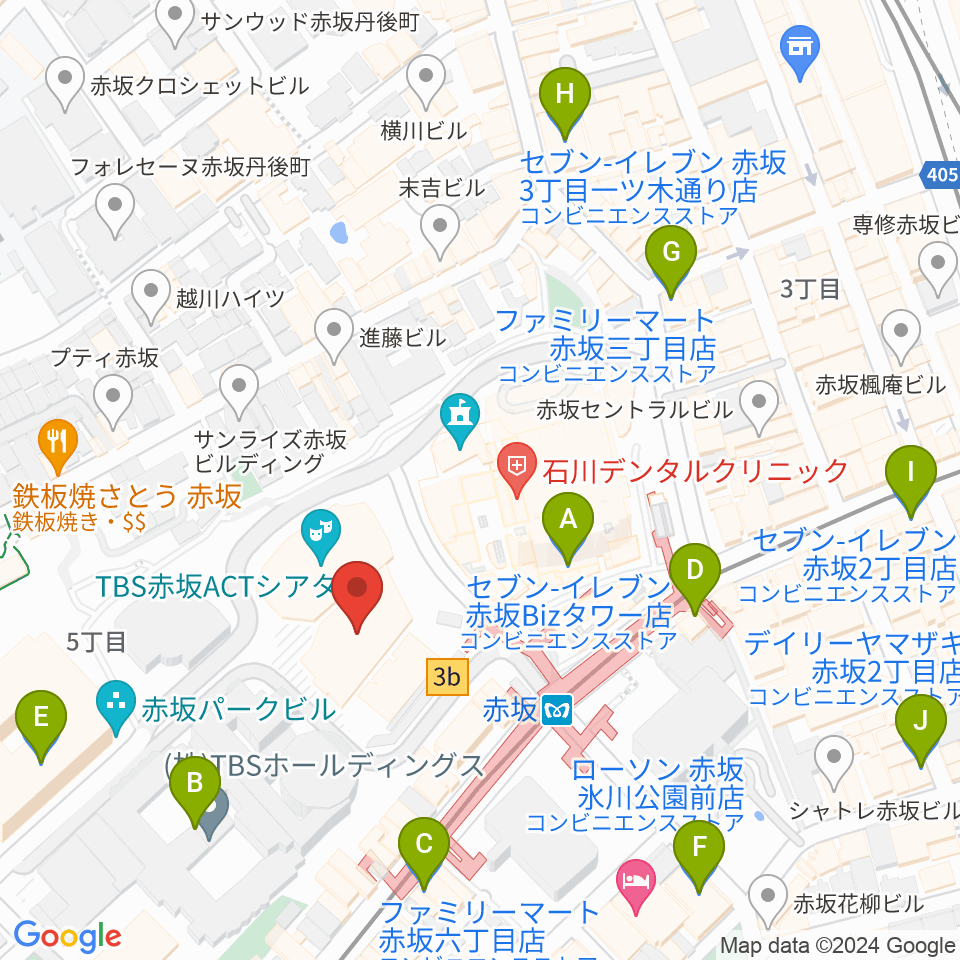 TBS赤坂ACTシアター周辺のコンビニエンスストア一覧地図