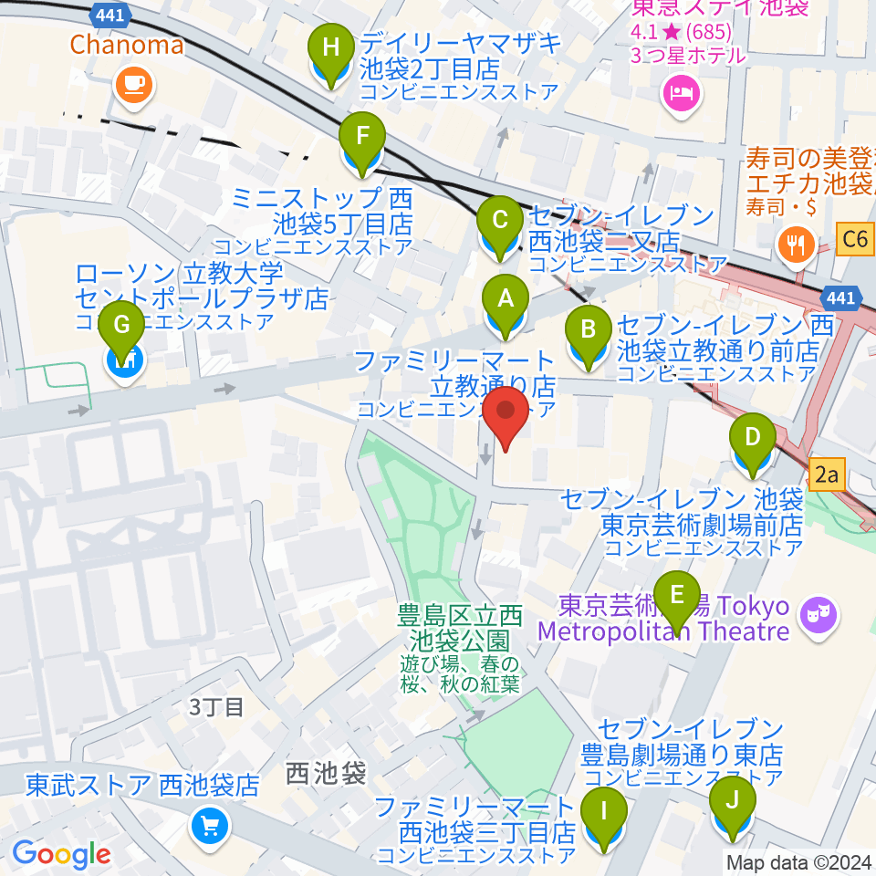 いけぶくろ楽器 池袋西口センター周辺のコンビニエンスストア一覧地図