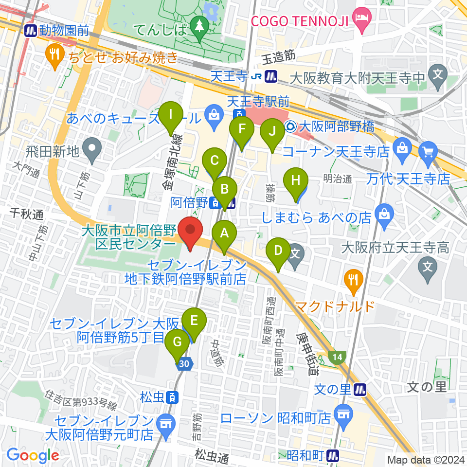 阿倍野区民センター周辺のコンビニエンスストア一覧地図