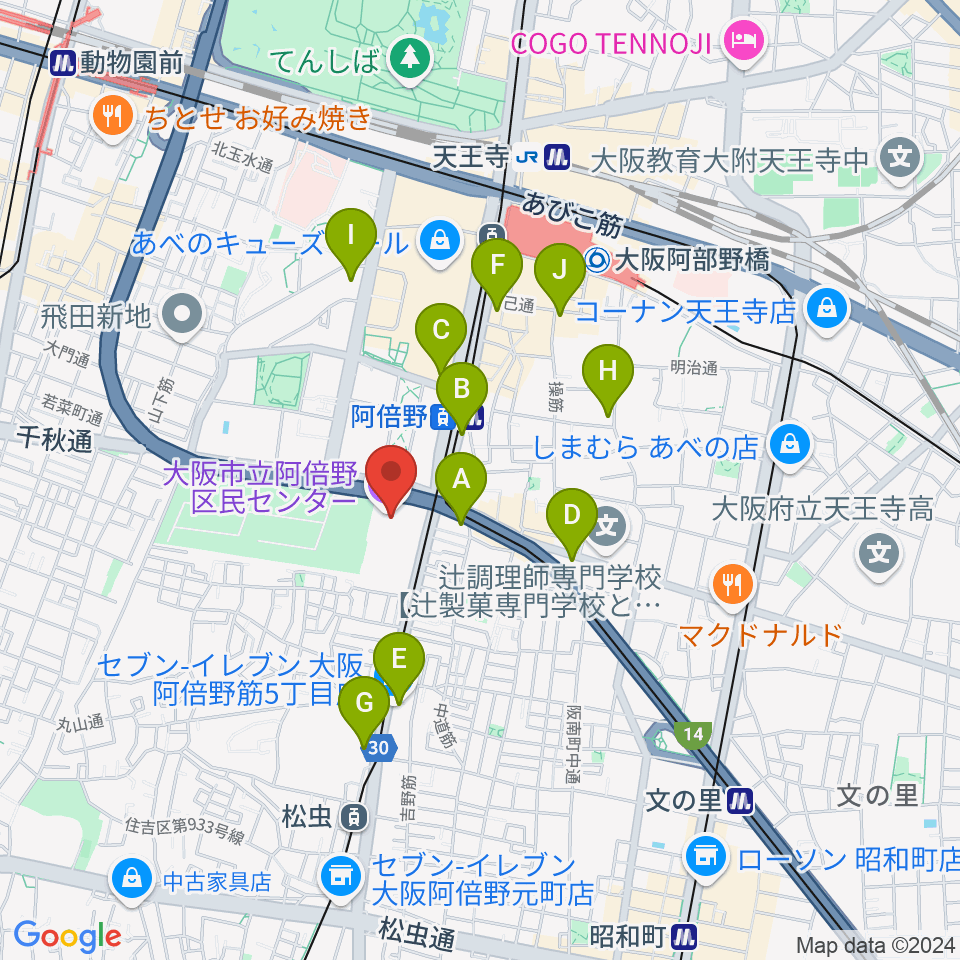 阿倍野区民センター周辺のコンビニエンスストア一覧地図