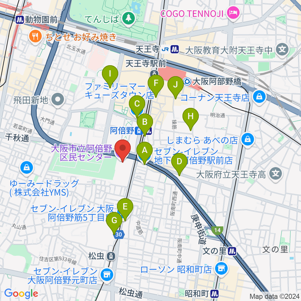 阿倍野区民センター周辺のコンビニエンスストア一覧地図