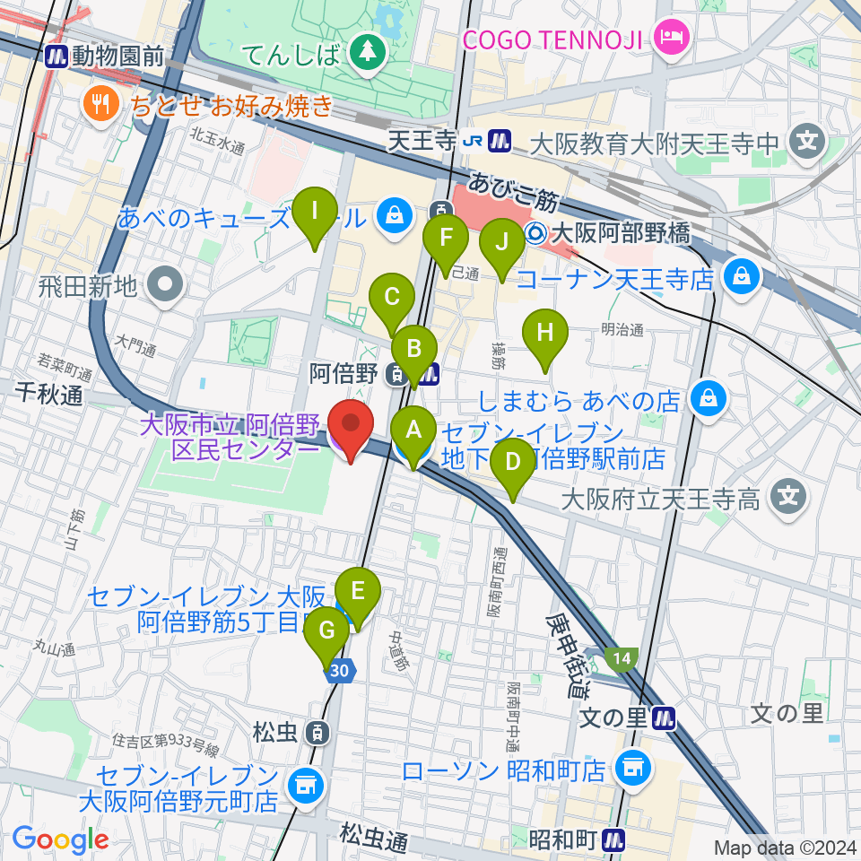 阿倍野区民センター周辺のコンビニエンスストア一覧地図