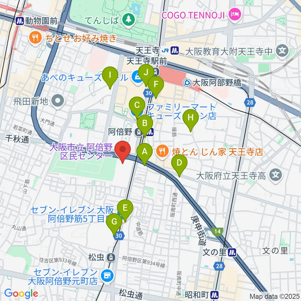 阿倍野区民センター周辺のコンビニエンスストア一覧地図