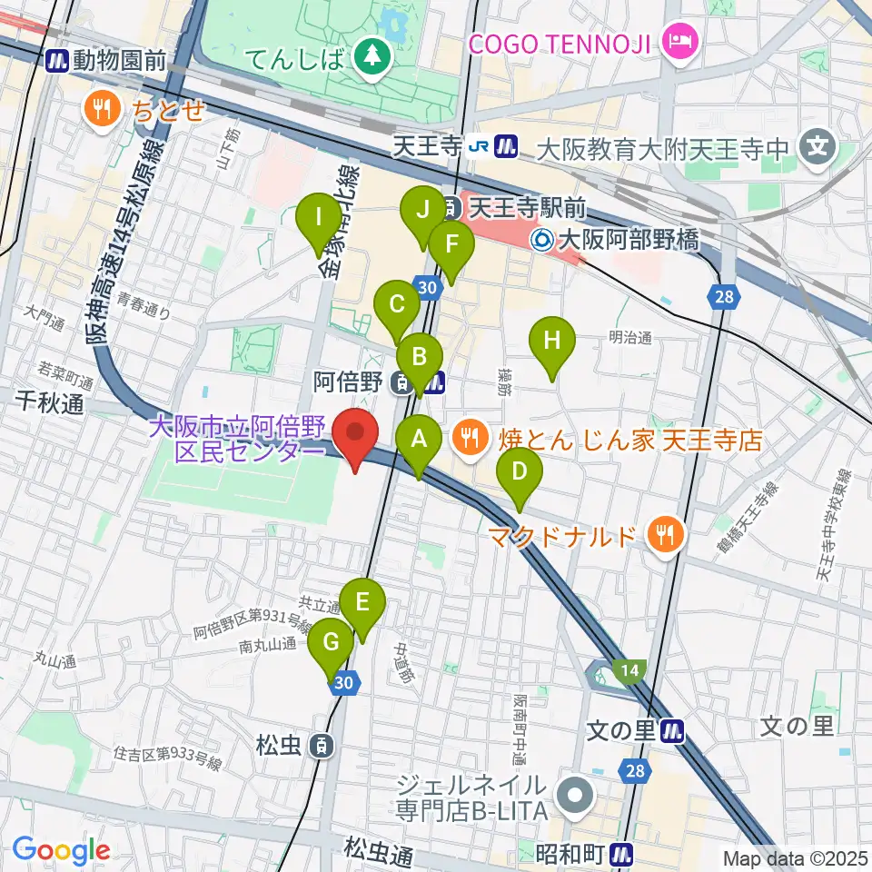 阿倍野区民センター周辺のコンビニエンスストア一覧地図