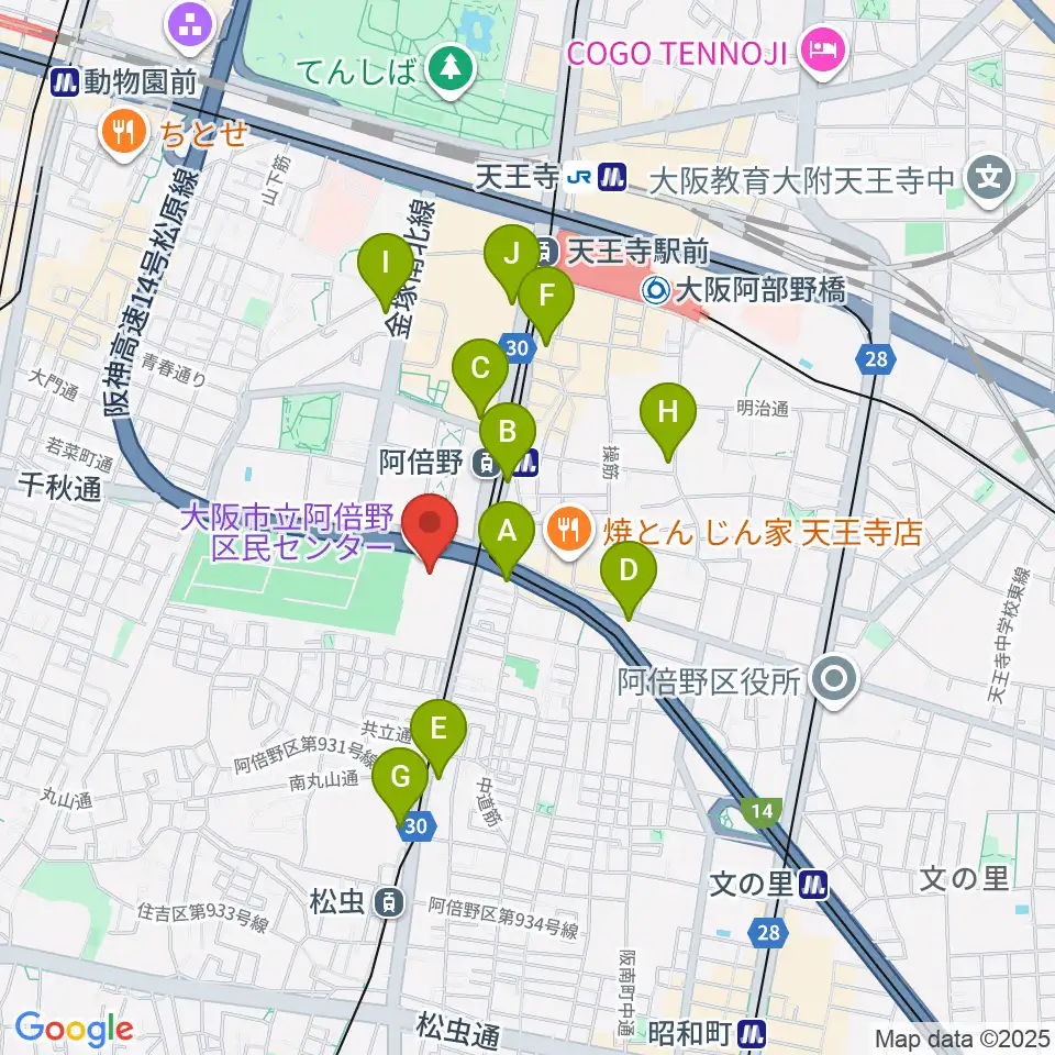 阿倍野区民センター周辺のコンビニエンスストア一覧地図