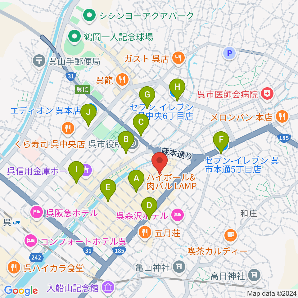 なかやま楽器 呉本店周辺のコンビニエンスストア一覧地図