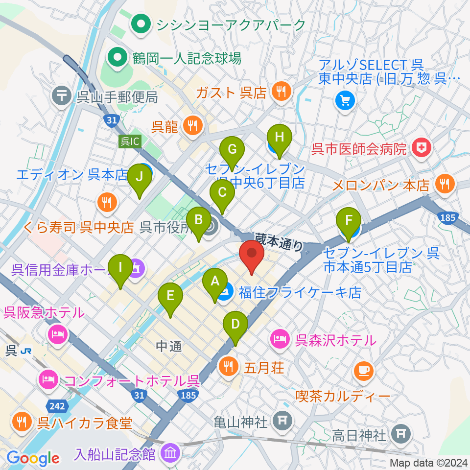 なかやま楽器 呉本店周辺のコンビニエンスストア一覧地図