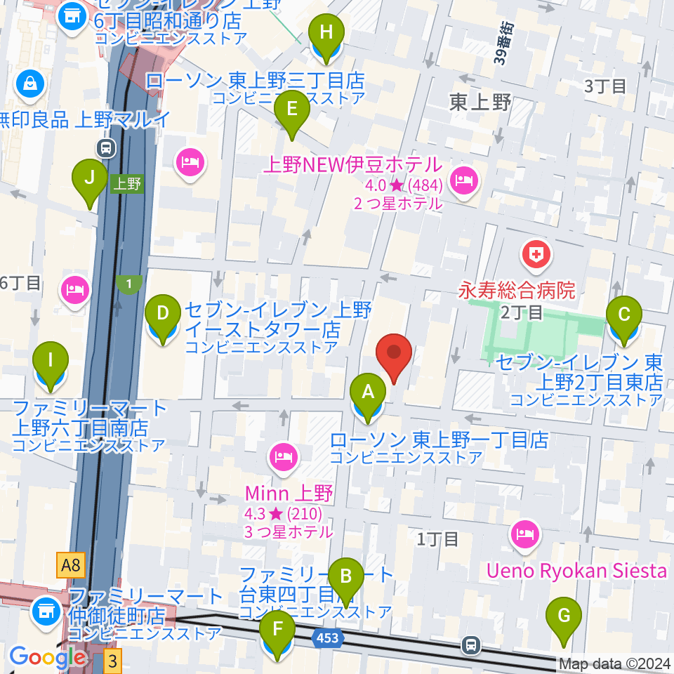 上野小劇場周辺のコンビニエンスストア一覧地図