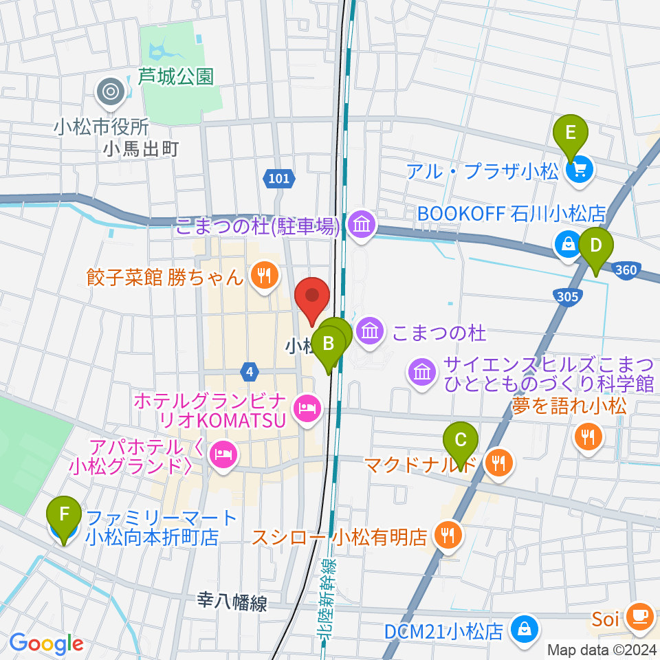 石川県小松市團十郎芸術劇場うらら周辺のコンビニエンスストア一覧地図