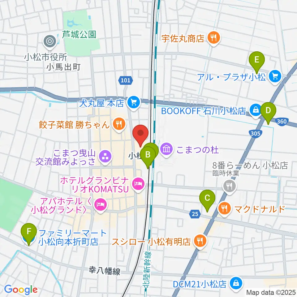 石川県小松市團十郎芸術劇場うらら周辺のコンビニエンスストア一覧地図