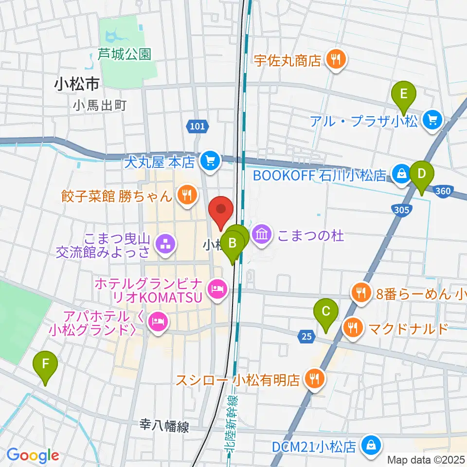 石川県小松市團十郎芸術劇場うらら周辺のコンビニエンスストア一覧地図