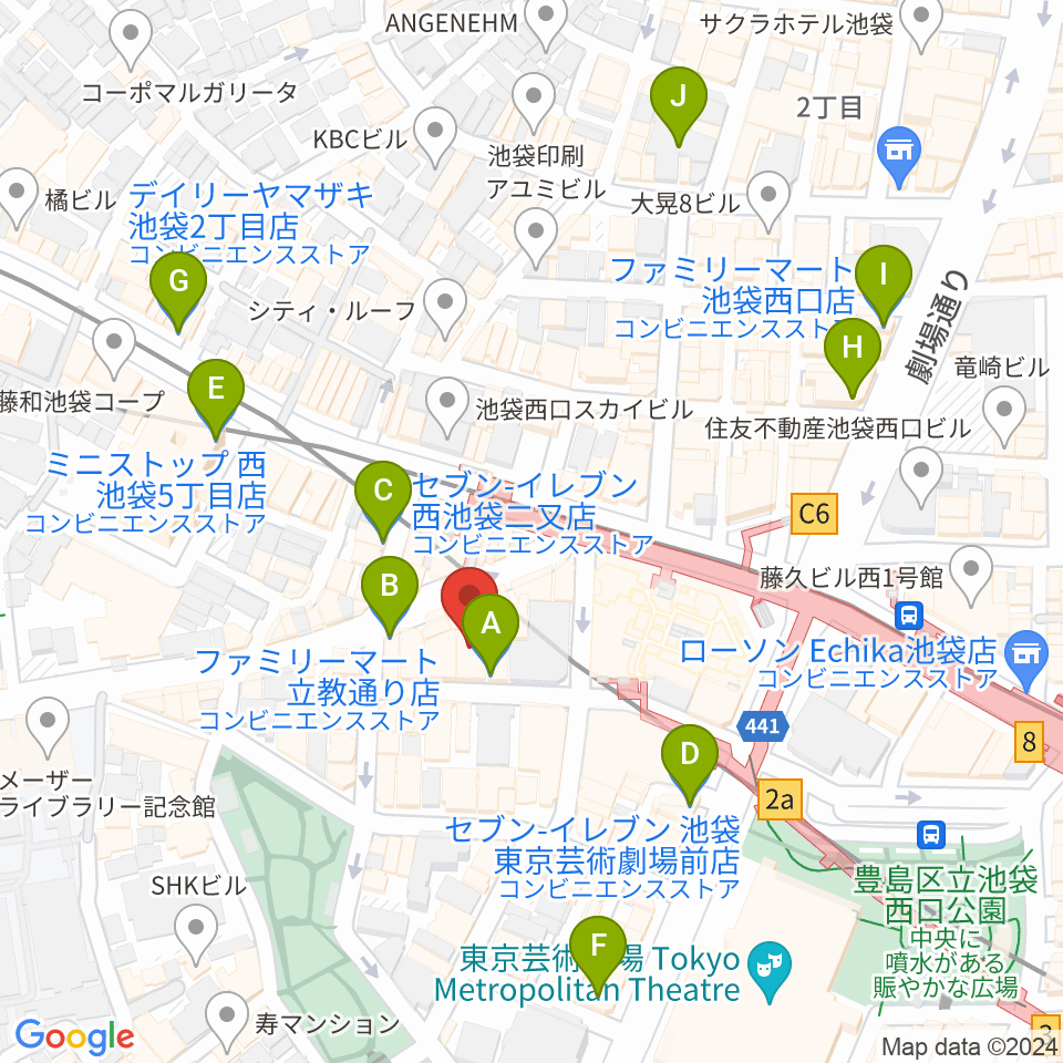 池袋フリーフローランチ周辺のコンビニエンスストア一覧地図