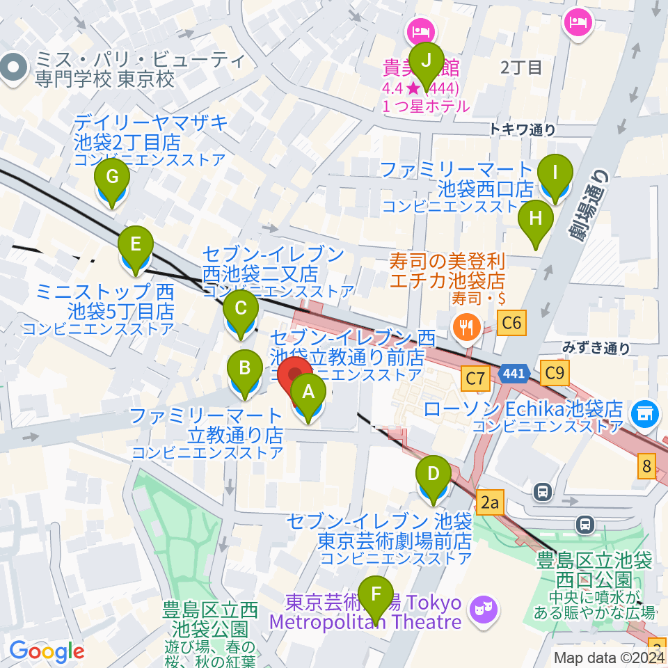 池袋フリーフローランチ周辺のコンビニエンスストア一覧地図