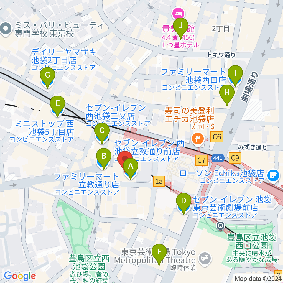 池袋フリーフローランチ周辺のコンビニエンスストア一覧地図