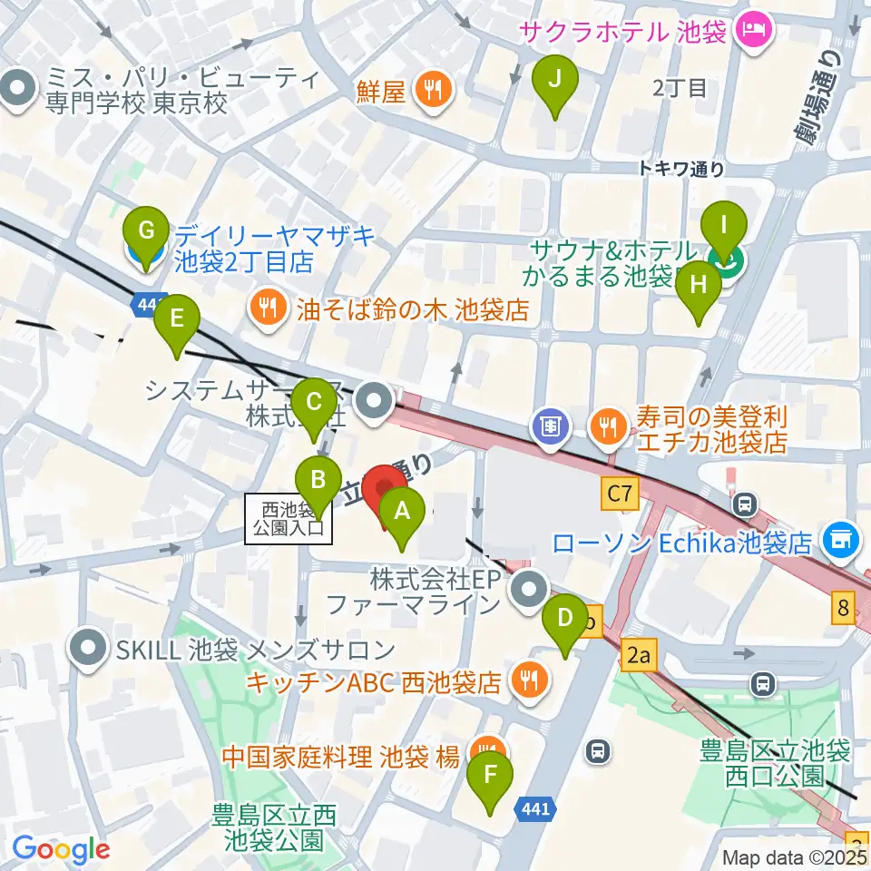 池袋フリーフローランチ周辺のコンビニエンスストア一覧地図