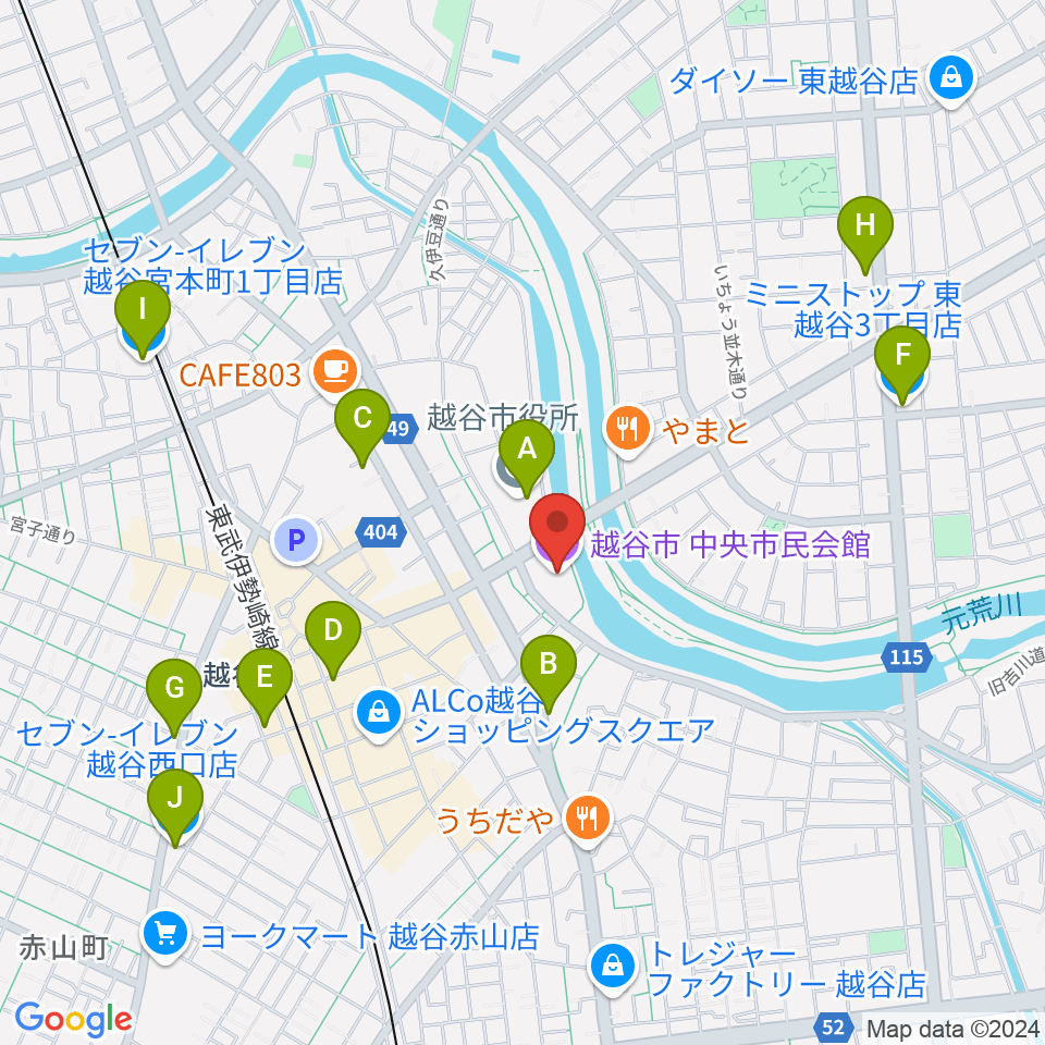 越谷市中央市民会館周辺のコンビニエンスストア一覧地図