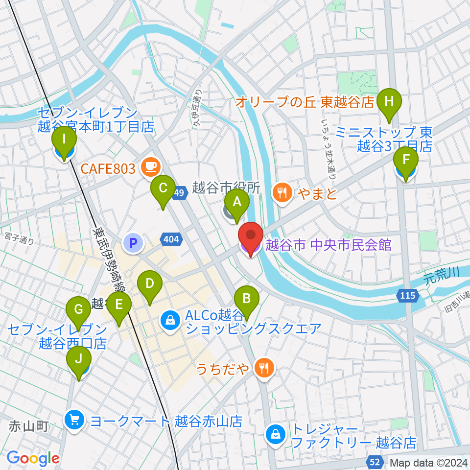 越谷市中央市民会館周辺のコンビニエンスストア一覧地図