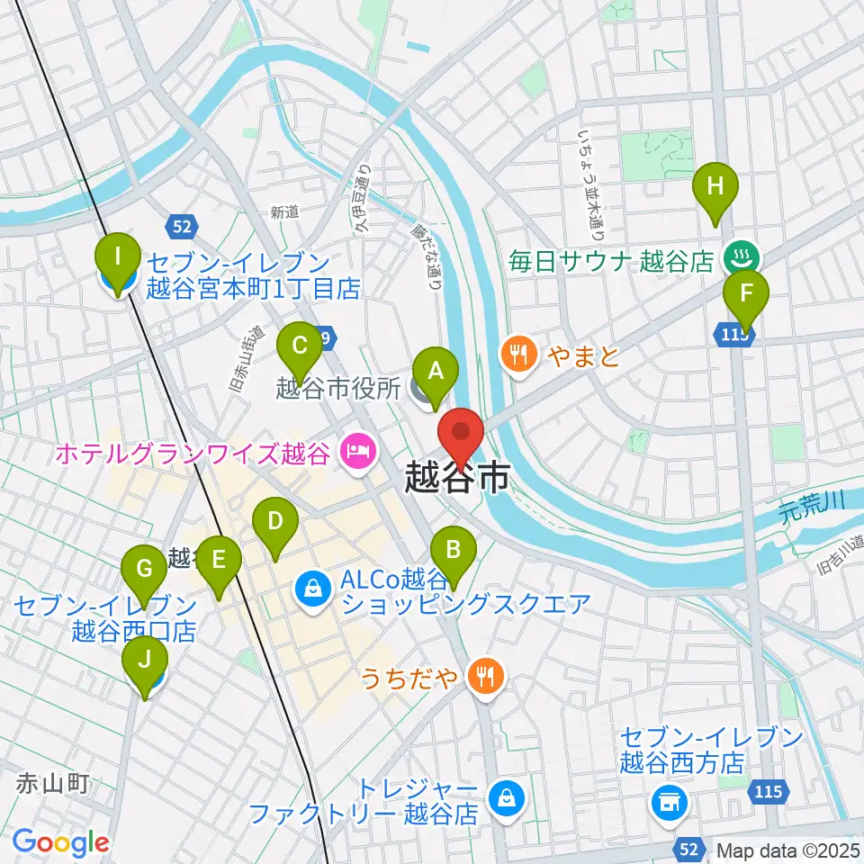 越谷市中央市民会館周辺のコンビニエンスストア一覧地図
