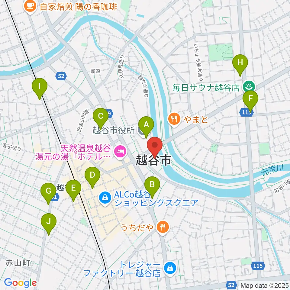 越谷市中央市民会館周辺のコンビニエンスストア一覧地図
