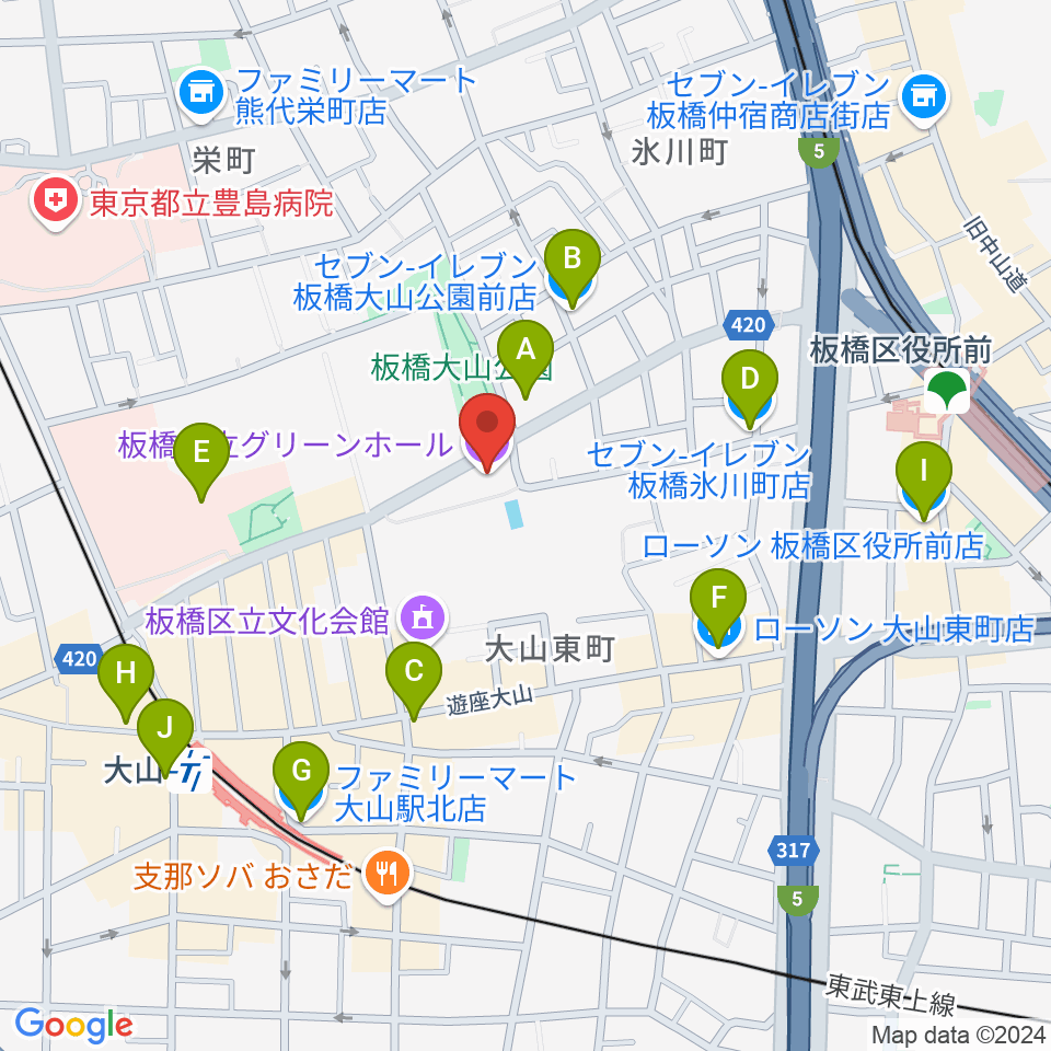 板橋区立グリーンホール周辺のコンビニエンスストア一覧地図