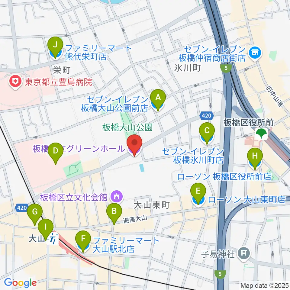 板橋区立グリーンホール周辺のコンビニエンスストア一覧地図