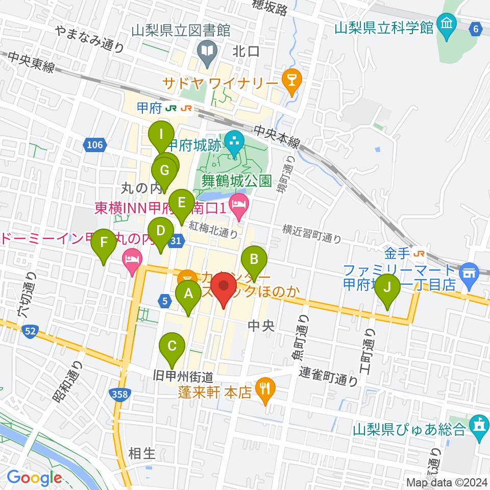 甲府桜座周辺のコンビニエンスストア一覧地図