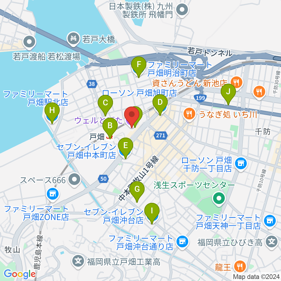 ウェルとばた 戸畑市民会館周辺のコンビニエンスストア一覧地図