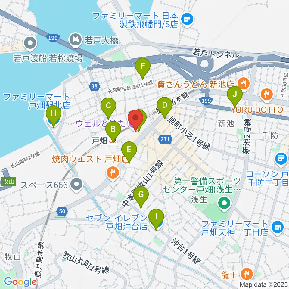 ウェルとばた 戸畑市民会館周辺のコンビニエンスストア一覧地図