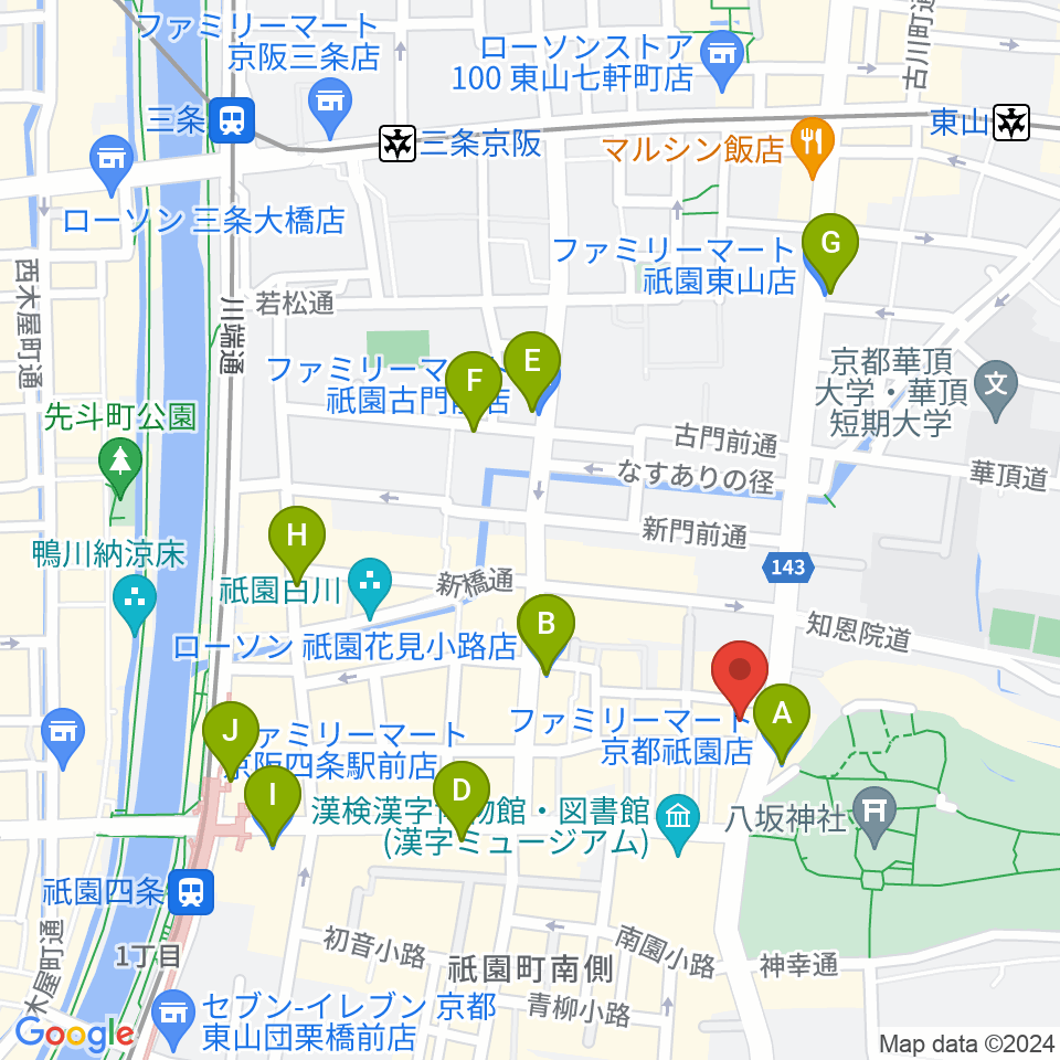 よしもと祇園花月周辺のコンビニエンスストア一覧地図