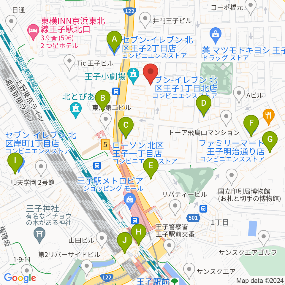 王子小劇場周辺のコンビニエンスストア一覧地図