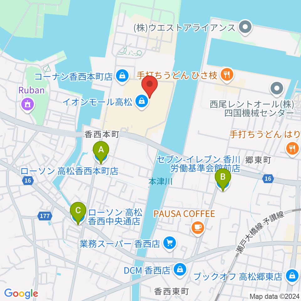 楽器堂オーパス イオンモール高松店周辺のコンビニエンスストア一覧地図