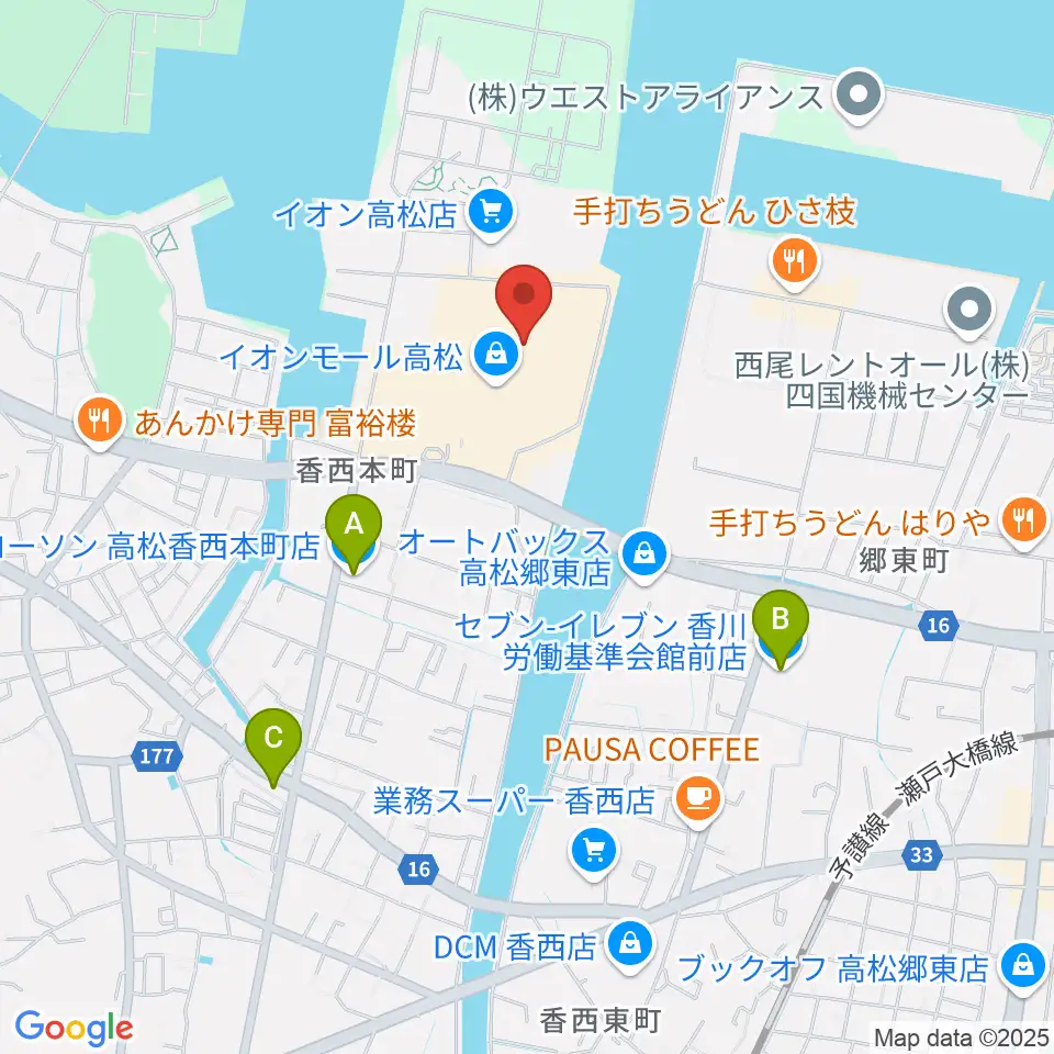 楽器堂オーパス イオンモール高松店周辺のコンビニエンスストア一覧地図