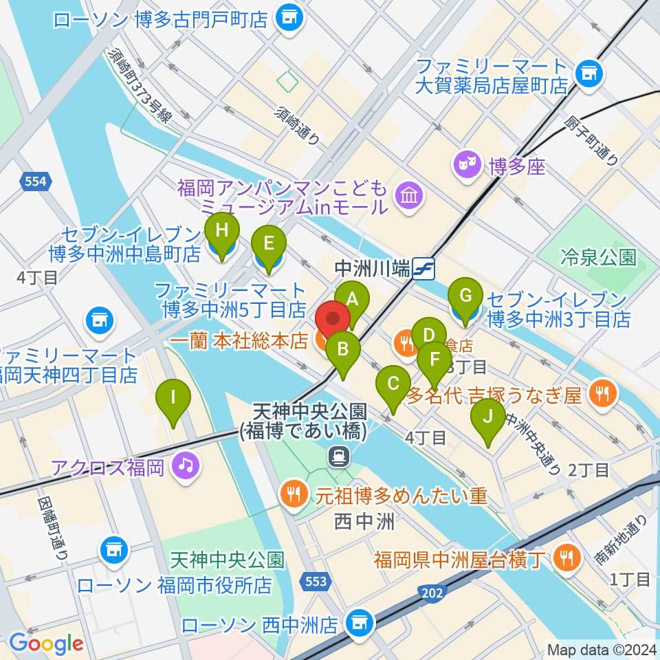 中洲ジャンプハウス周辺のコンビニエンスストア一覧地図