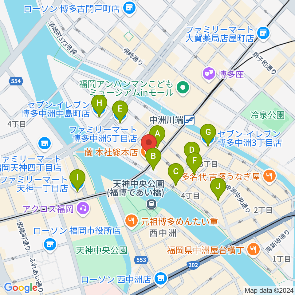 中洲ジャンプハウス周辺のコンビニエンスストア一覧地図