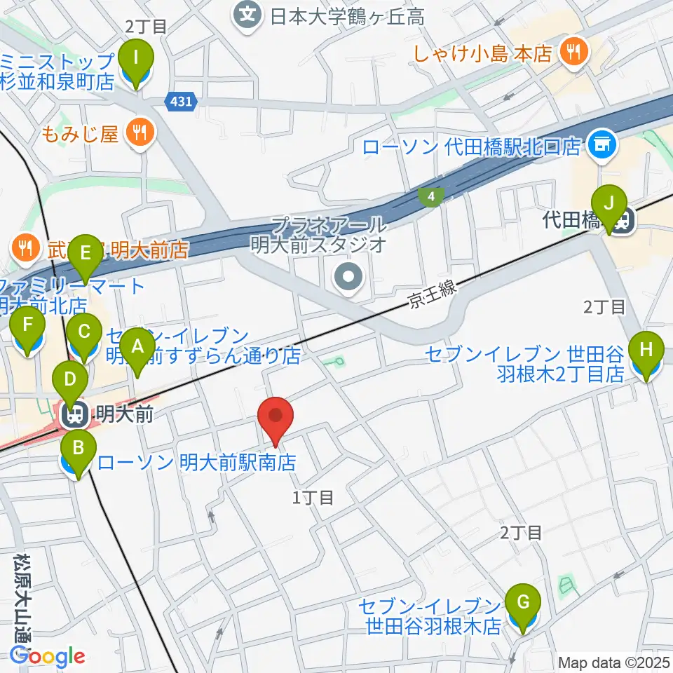 YRZ MUSIC 萬屋ドラム教室周辺のコンビニエンスストア一覧地図