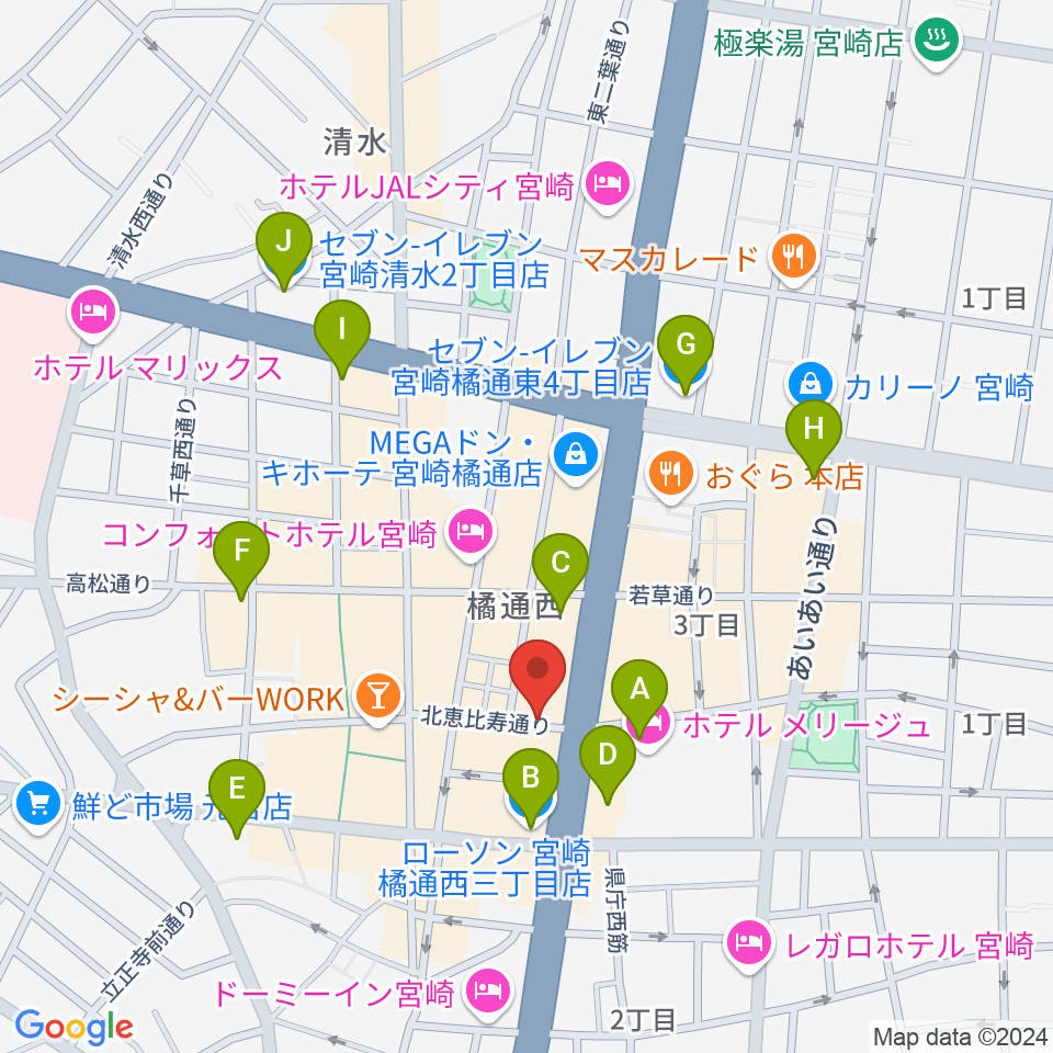 宮崎ライブハウス絃周辺のコンビニエンスストア一覧地図