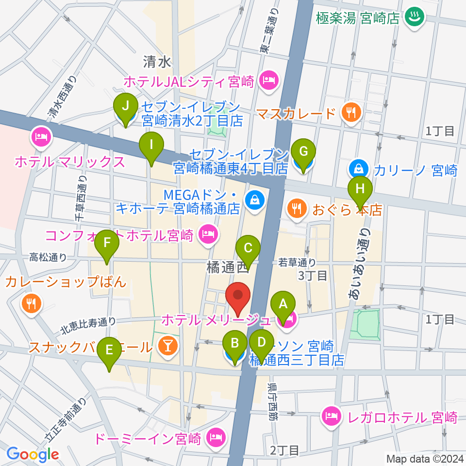 宮崎ライブハウス絃周辺のコンビニエンスストア一覧地図