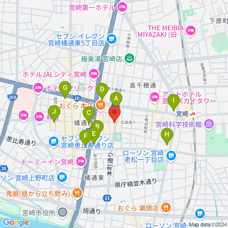 宮崎LIVE HOUSE ぱーく．周辺のコンビニエンスストア一覧地図