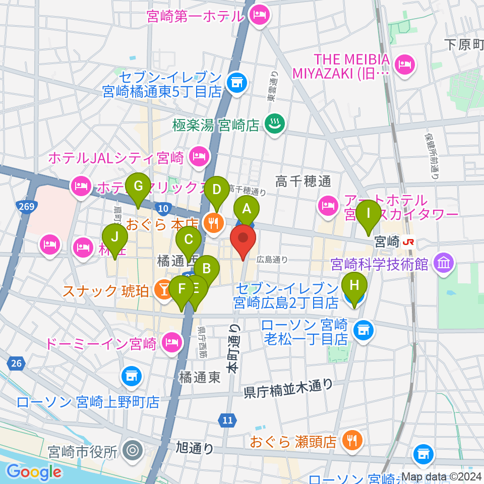 宮崎LIVE HOUSE ぱーく．周辺のコンビニエンスストア一覧地図