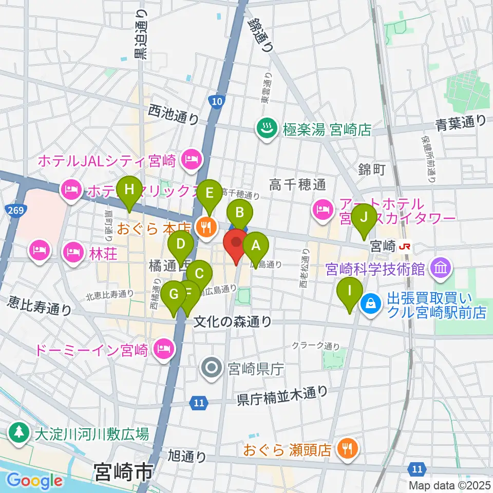 宮崎LIVE HOUSE ぱーく．周辺のコンビニエンスストア一覧地図