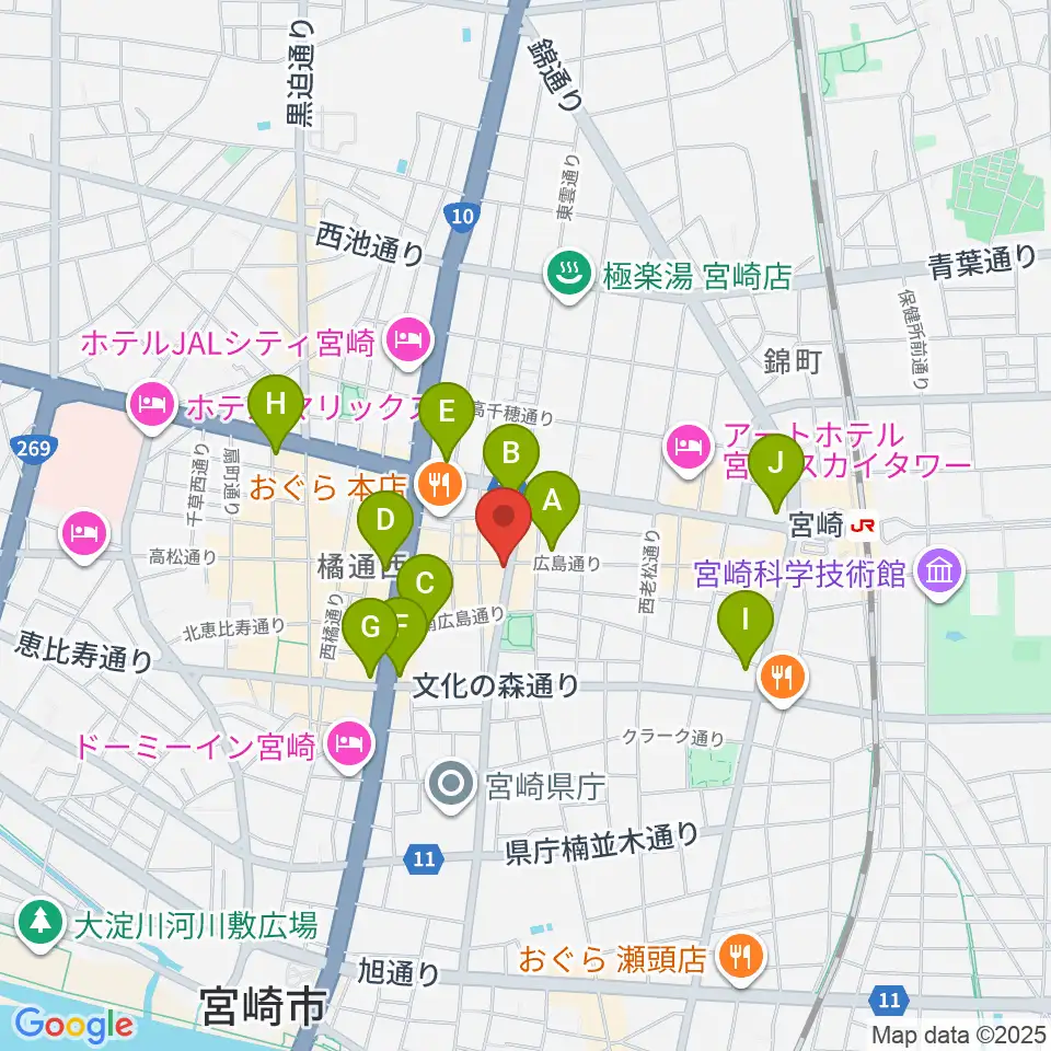 宮崎LIVE HOUSE ぱーく．周辺のコンビニエンスストア一覧地図